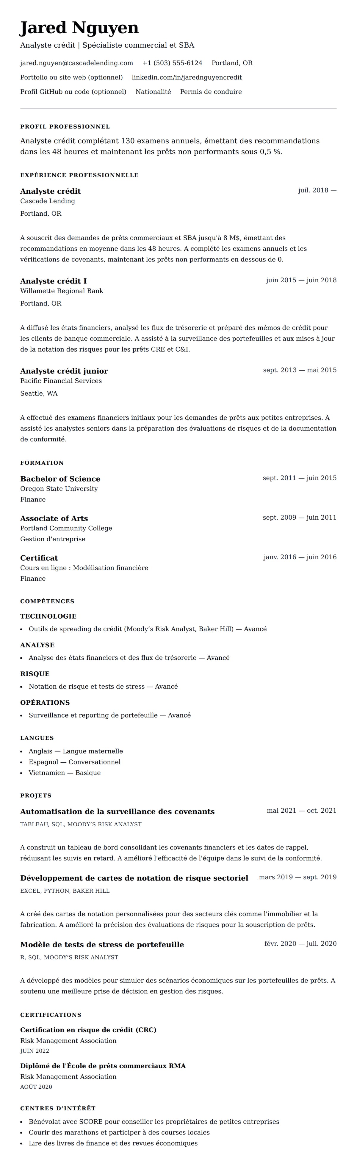 Aperçu du CV Exemple de CV d'Analyste crédit