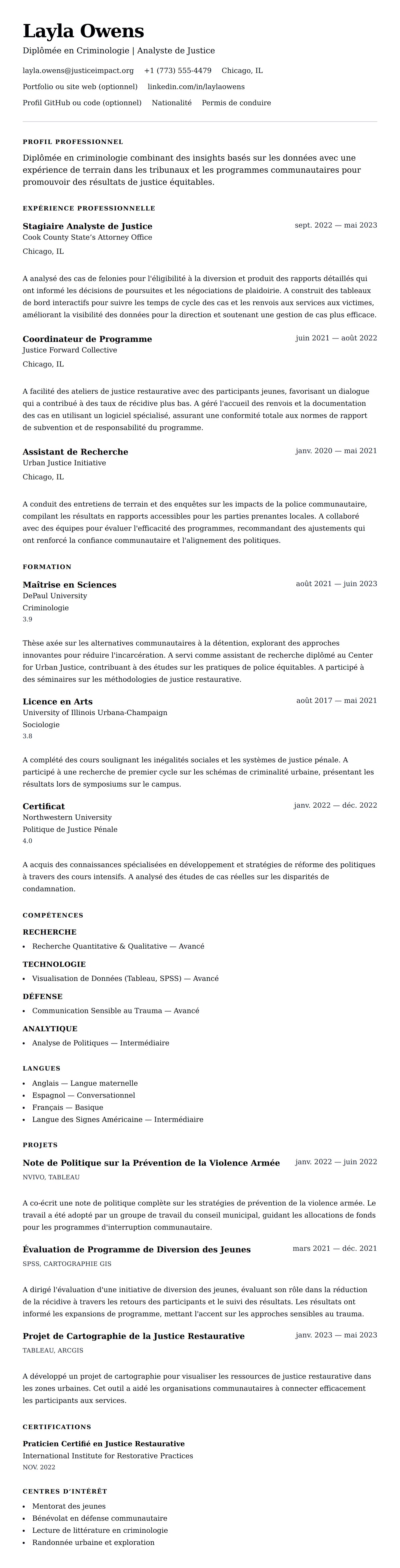 Aperçu du CV Exemple de CV pour Diplômé en Criminologie