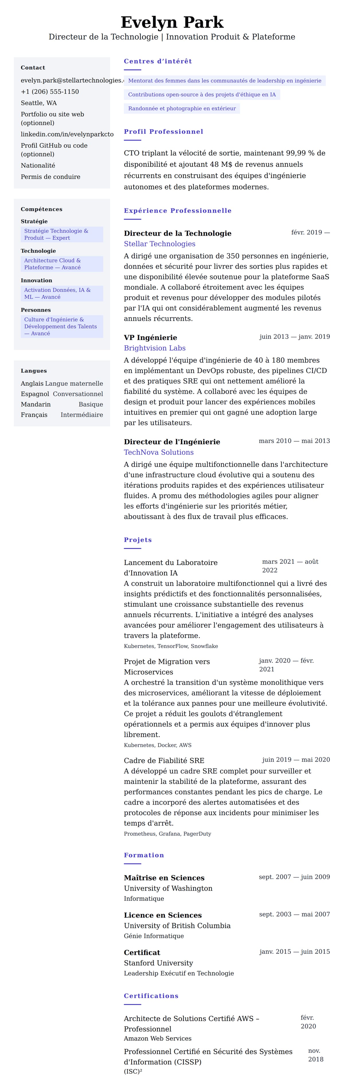 Aperçu du CV Exemple de CV de Directeur de la Technologie