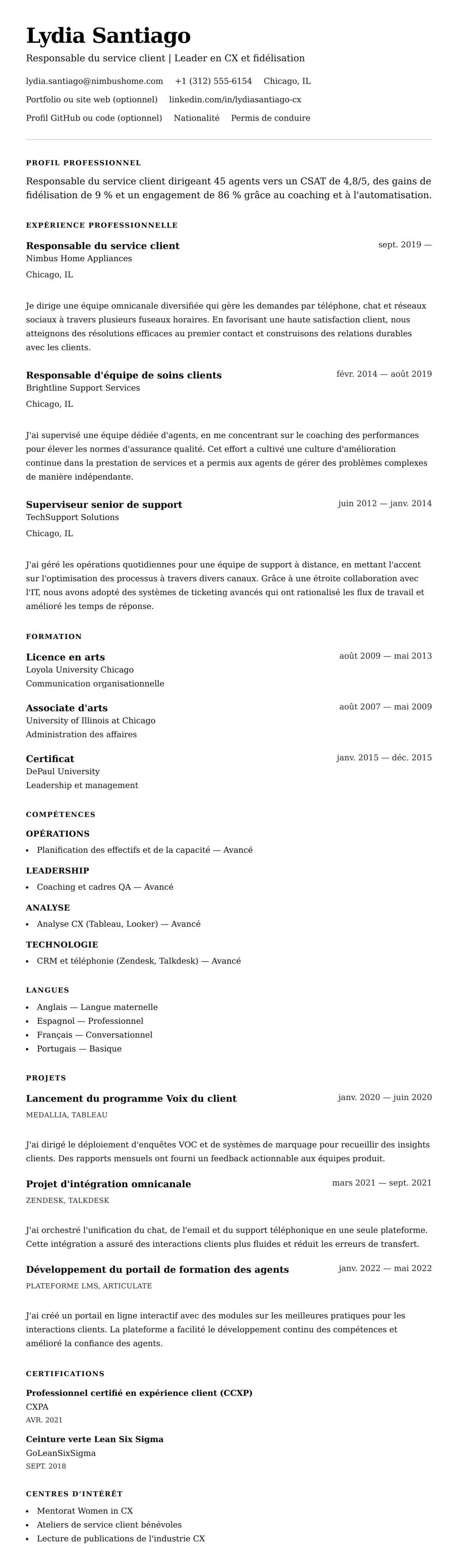 Aperçu du CV Exemple de CV de Responsable du service client