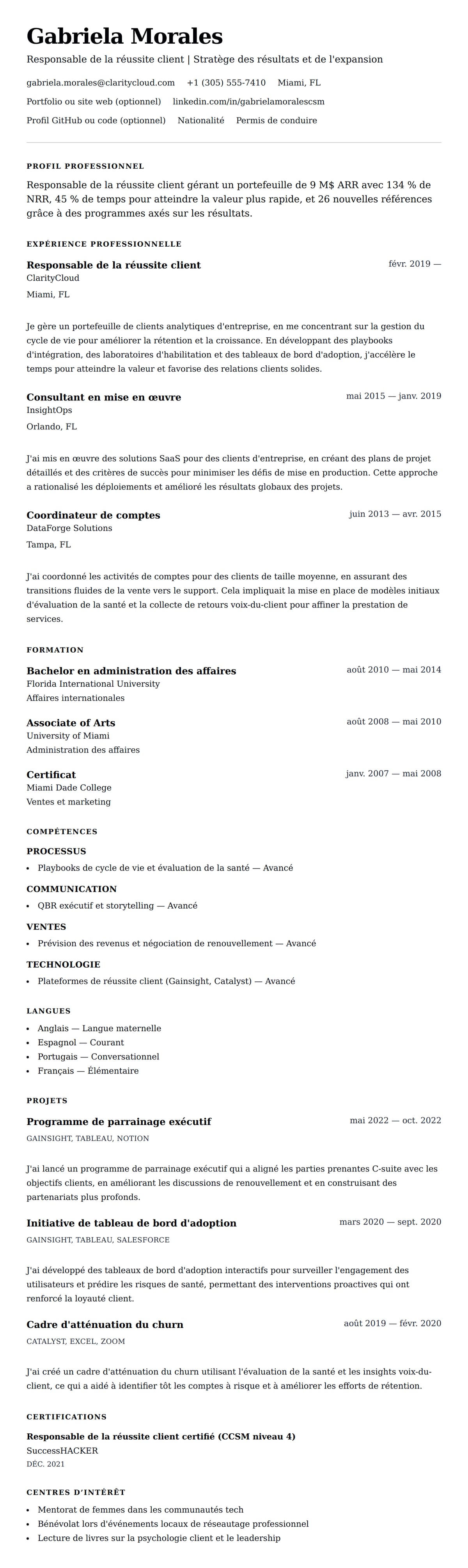 Aperçu du CV Exemple de CV de Responsable de la réussite client