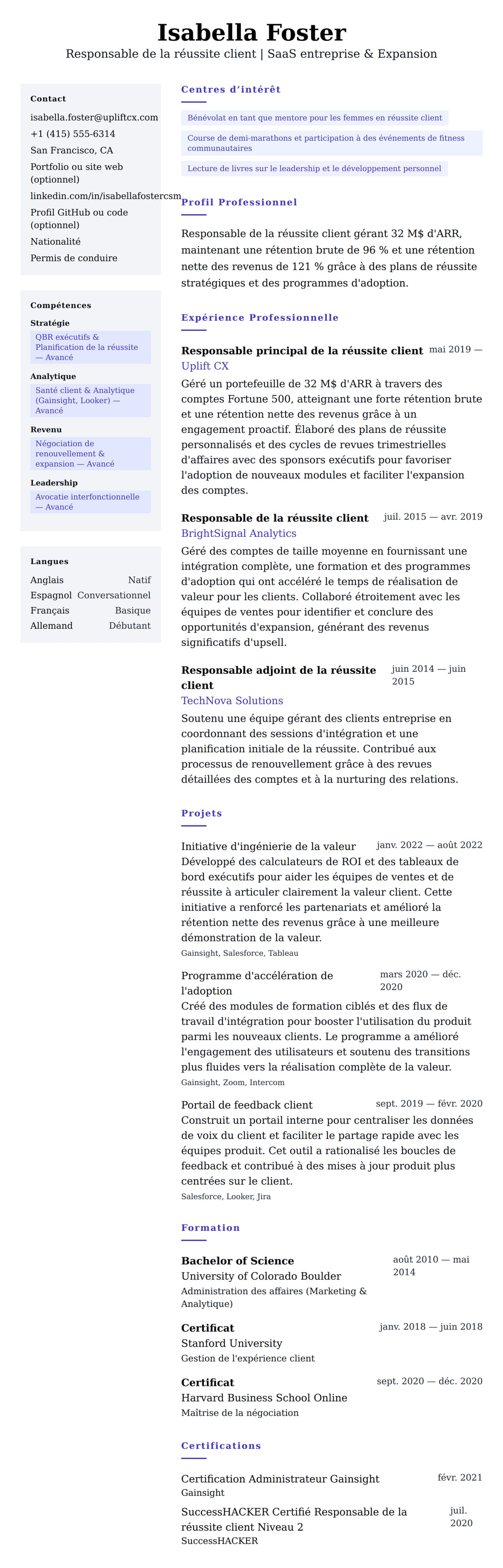 Aperçu du CV Exemple de CV de Responsable de la réussite client