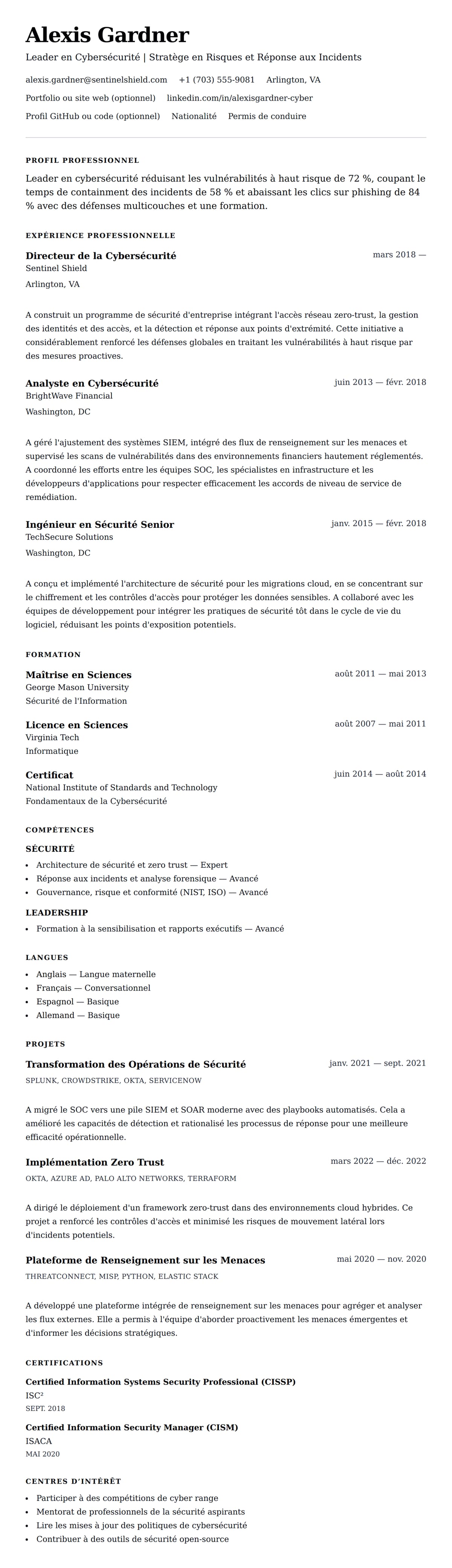 Aperçu du CV Exemple de CV de Professionnel de la Cybersécurité