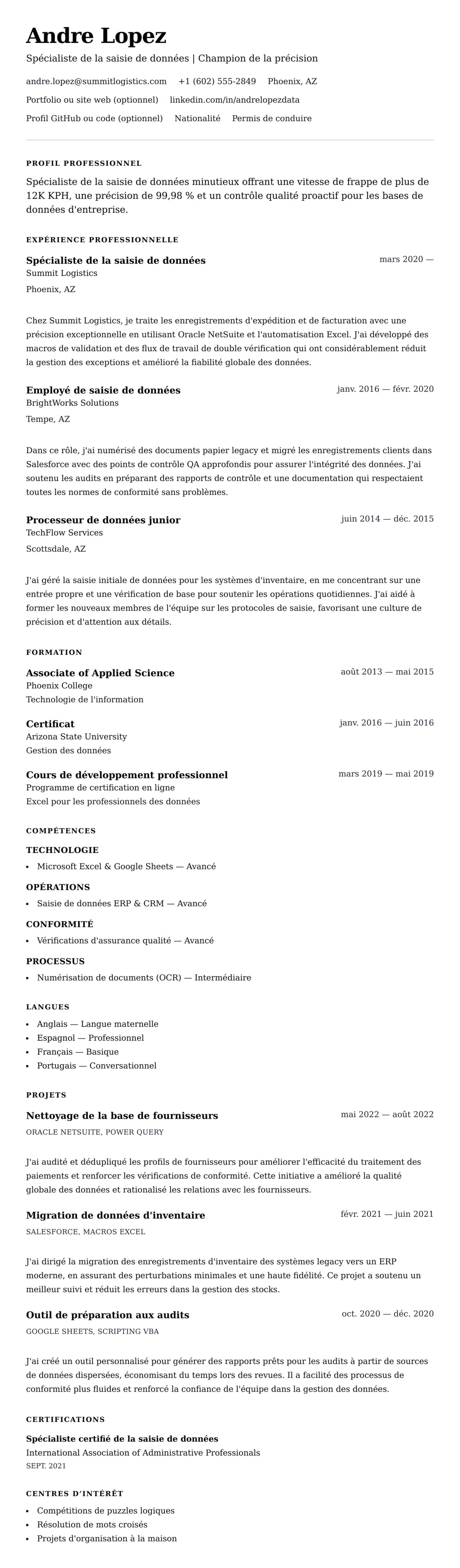 Aperçu du CV Exemple de CV de Spécialiste de la saisie de données