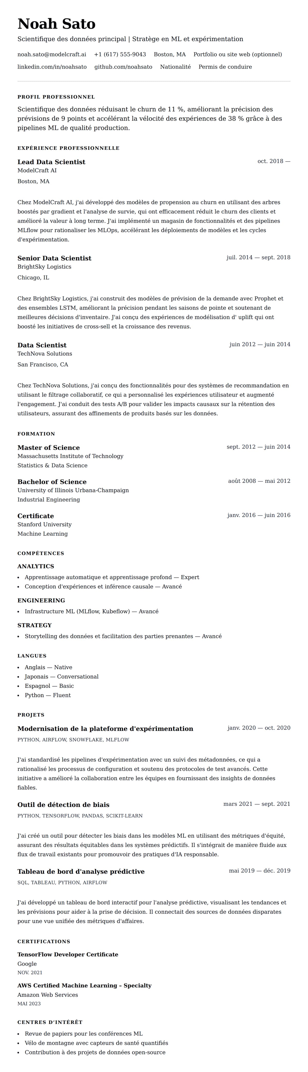 Aperçu du CV Exemple de CV de Scientifique des données