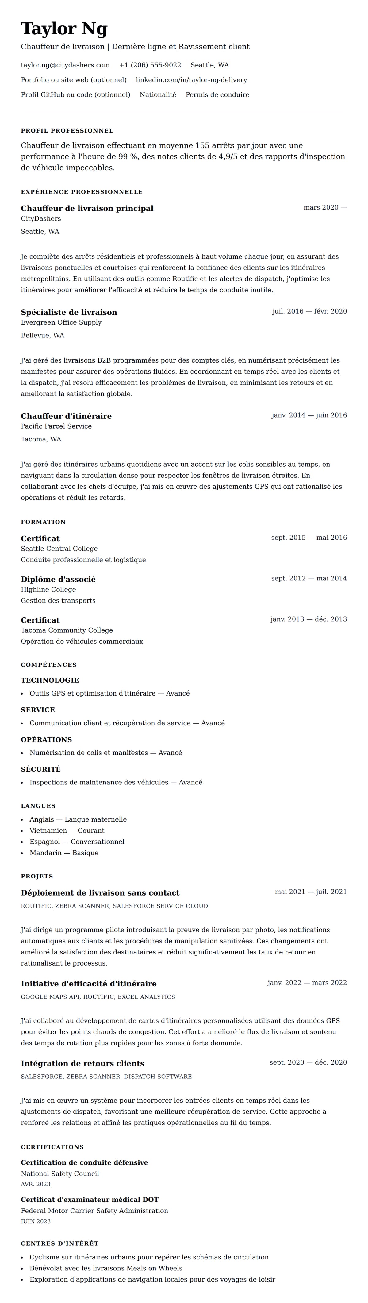 Aperçu du CV Exemple de CV de Chauffeur de livraison