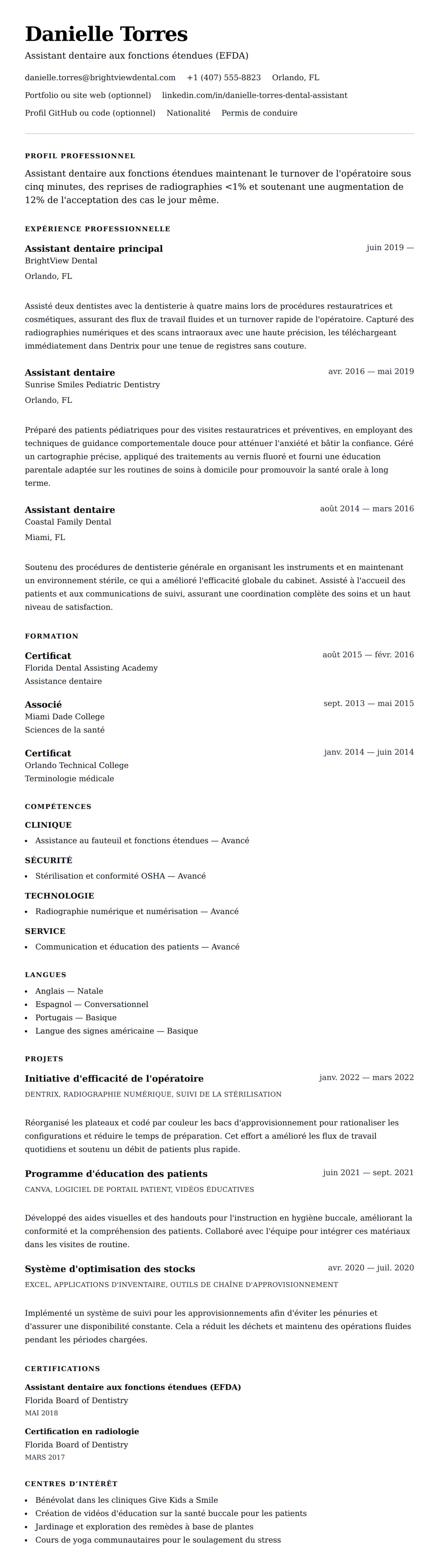 Aperçu du CV Exemple de CV d'Assistant dentaire