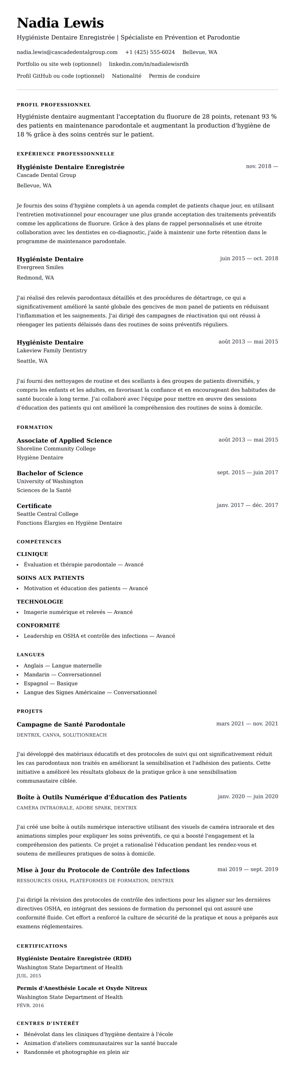 Aperçu du CV Exemple de CV d'Hygiéniste Dentaire