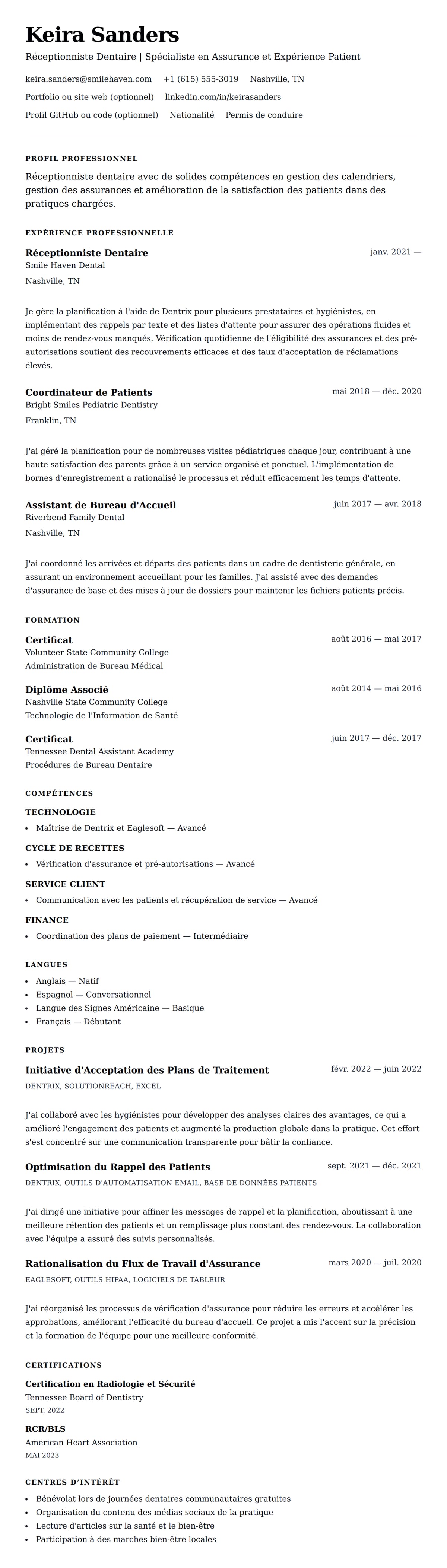 Aperçu du CV Exemple de CV de Réceptionniste Dentaire