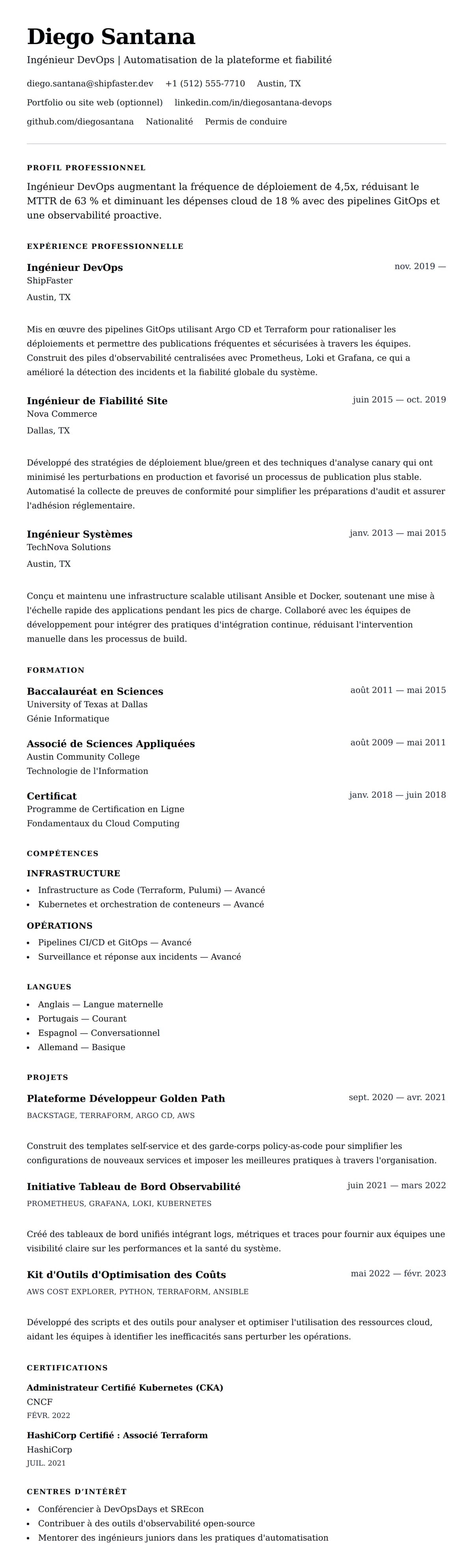 Aperçu du CV Exemple de CV d'Ingénieur DevOps