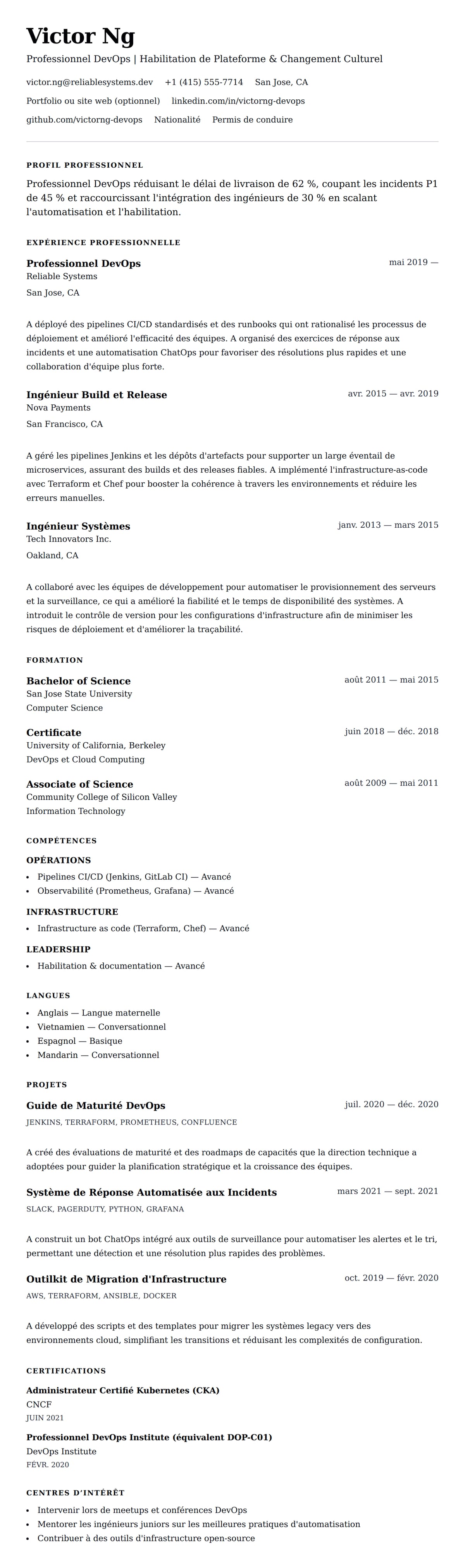 Aperçu du CV Exemple de CV pour Professionnel DevOps