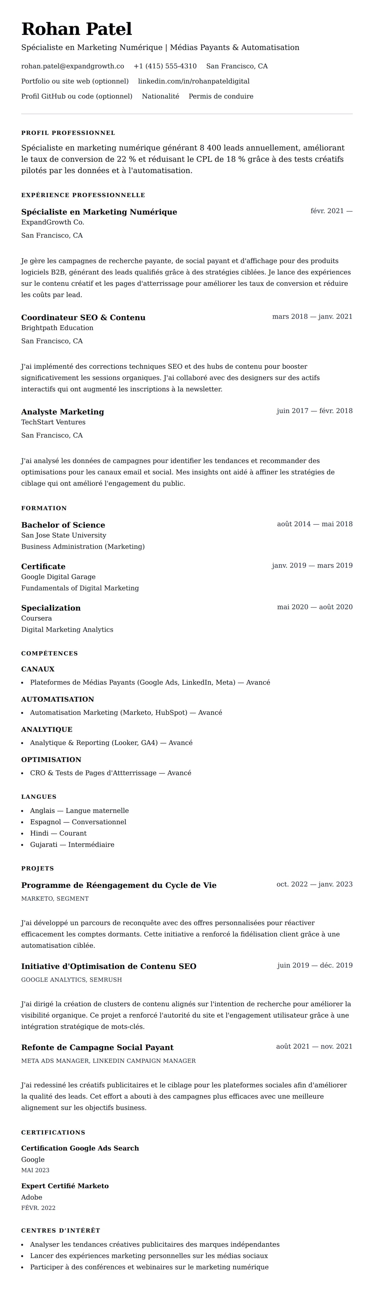 Aperçu du CV Exemple de CV de Spécialiste en Marketing Numérique