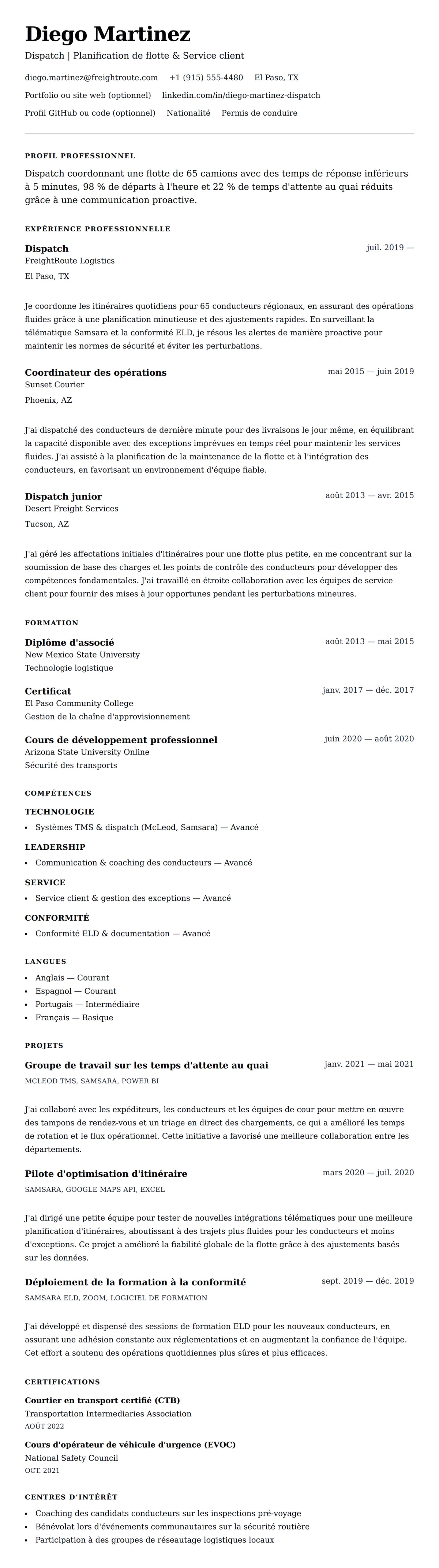 Aperçu du CV Exemple de CV de Dispatch