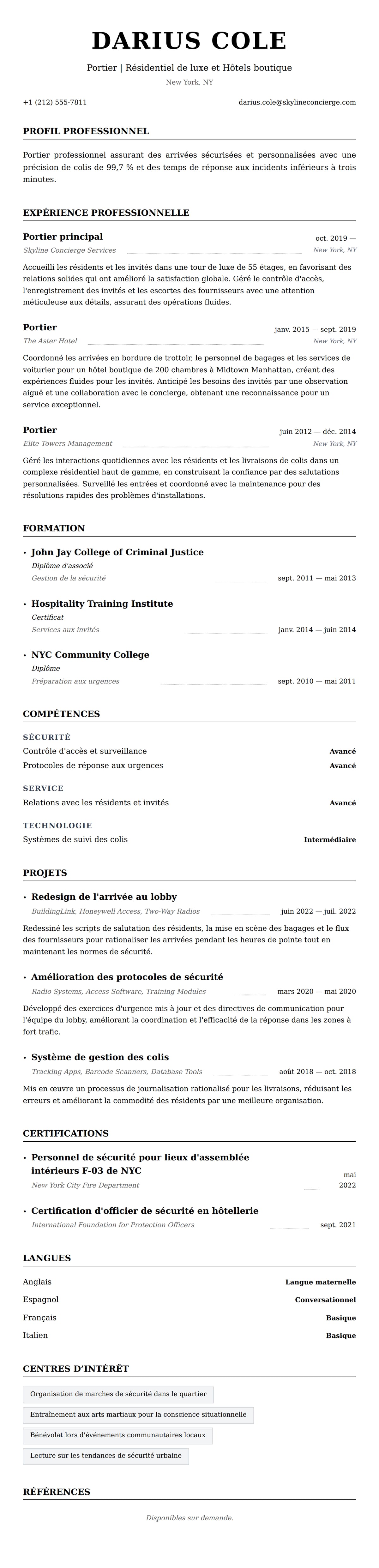Aperçu du CV Exemple de CV de Portier