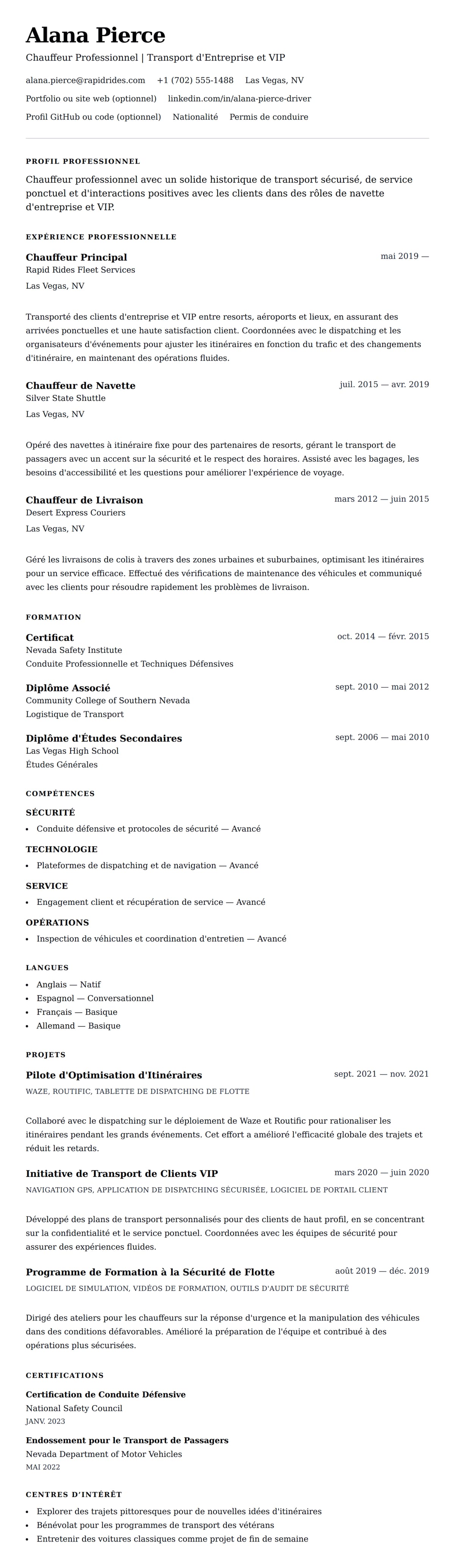 Aperçu du CV Exemple de CV de Chauffeur