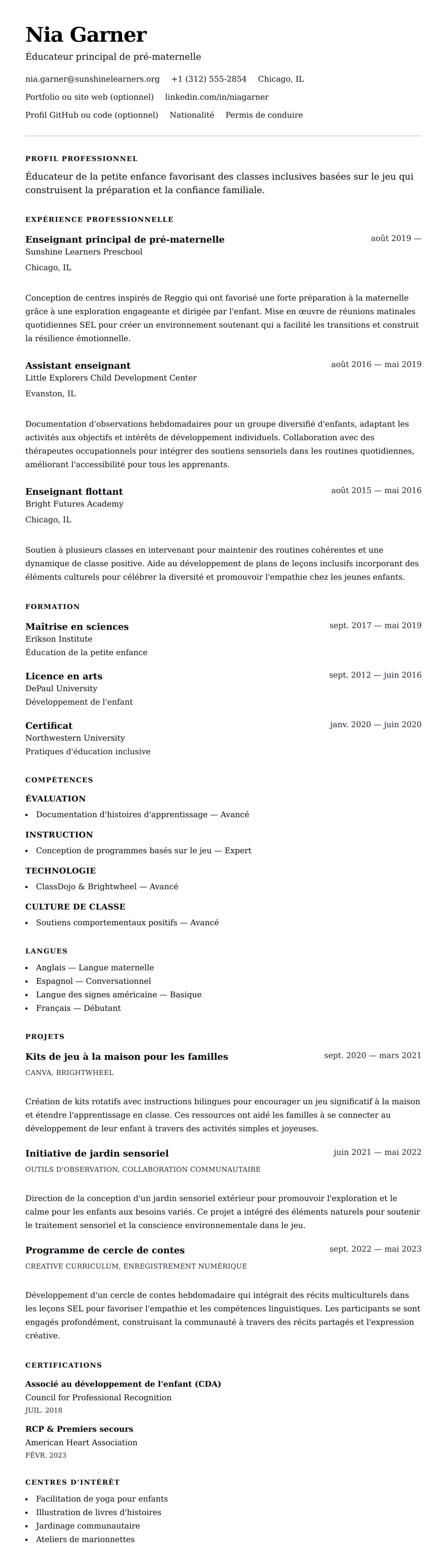 Aperçu du CV Exemple de CV d'Éducateur de la petite enfance