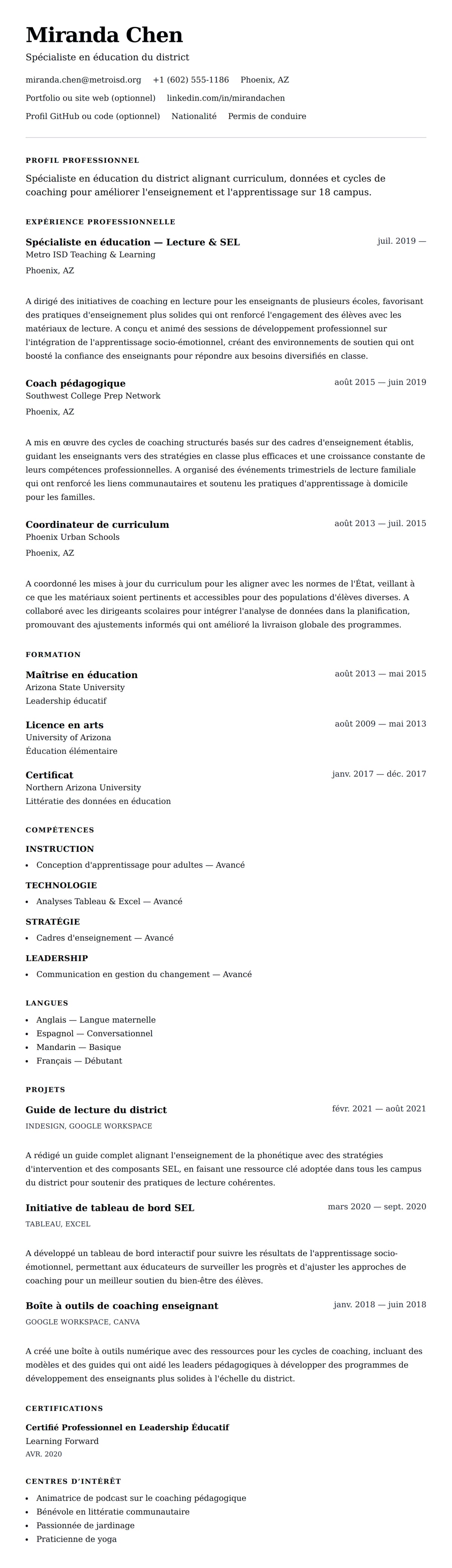 Aperçu du CV Exemple de CV de Spécialiste en Éducation