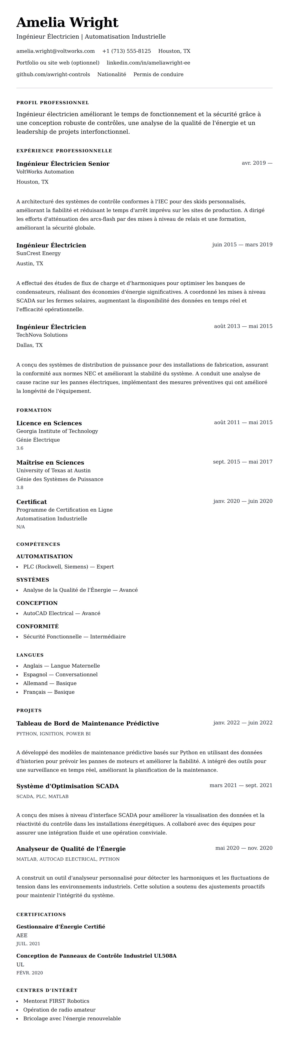 Aperçu du CV Exemple de CV d'Ingénieur Électricien