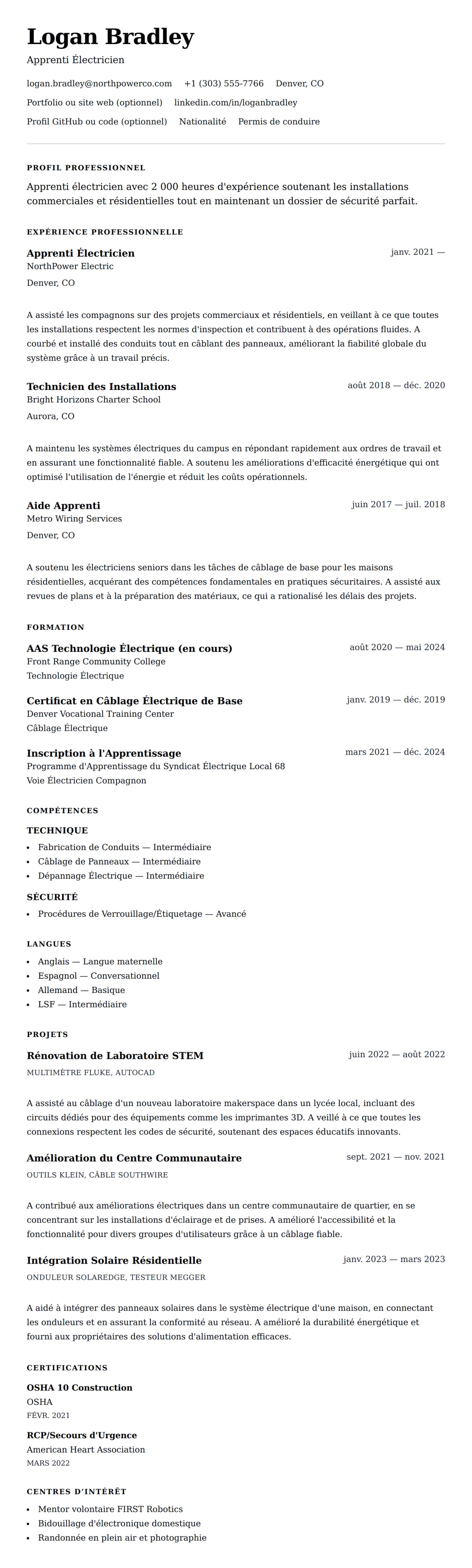 Aperçu du CV Exemple de CV d'Apprenti Électricien