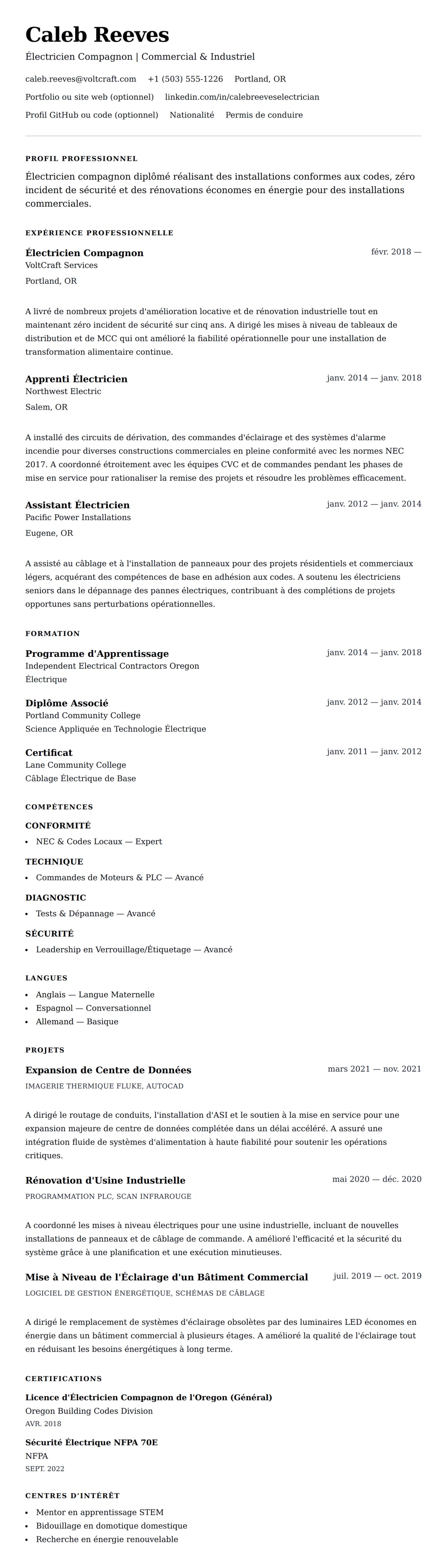 Aperçu du CV Exemple de CV d'Électricien