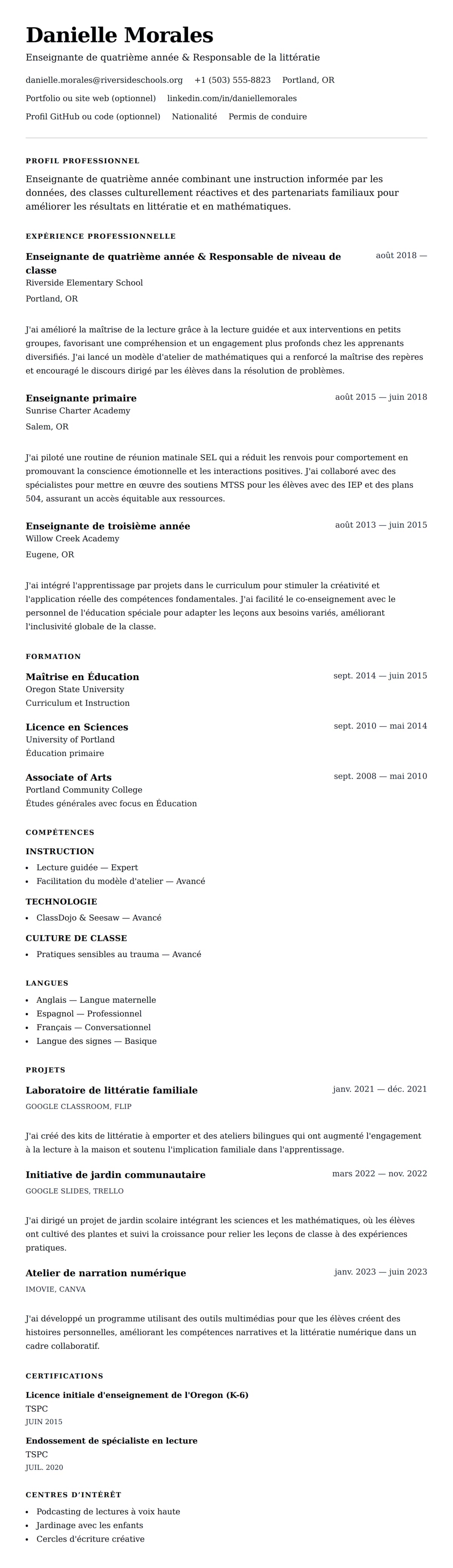 Aperçu du CV Exemple de CV pour enseignant en école primaire