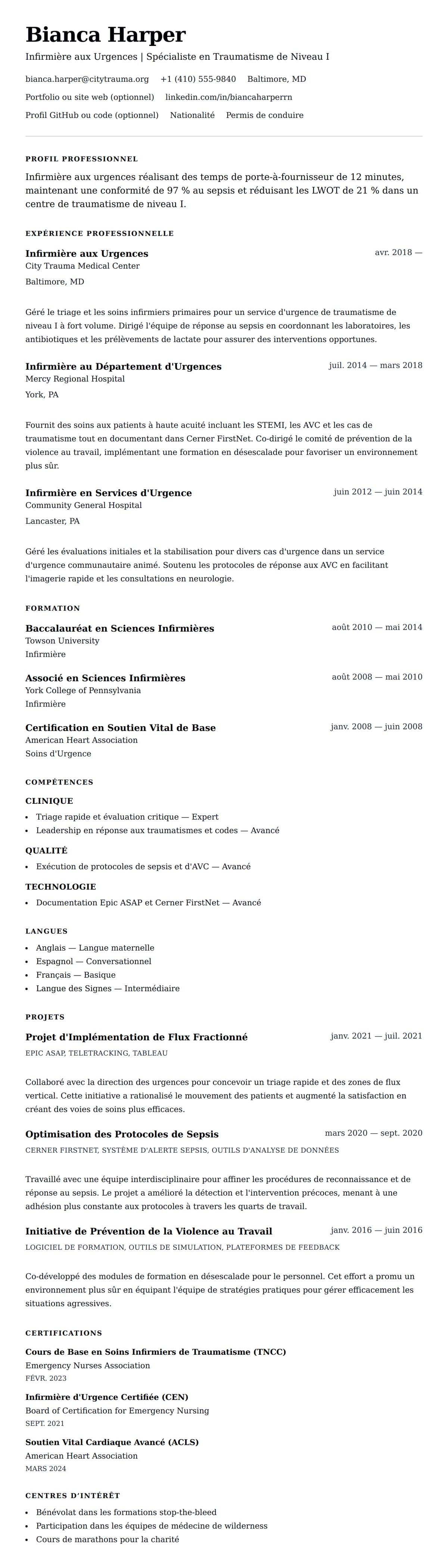 Aperçu du CV Exemple de CV d'Infirmière aux Urgences (ER)