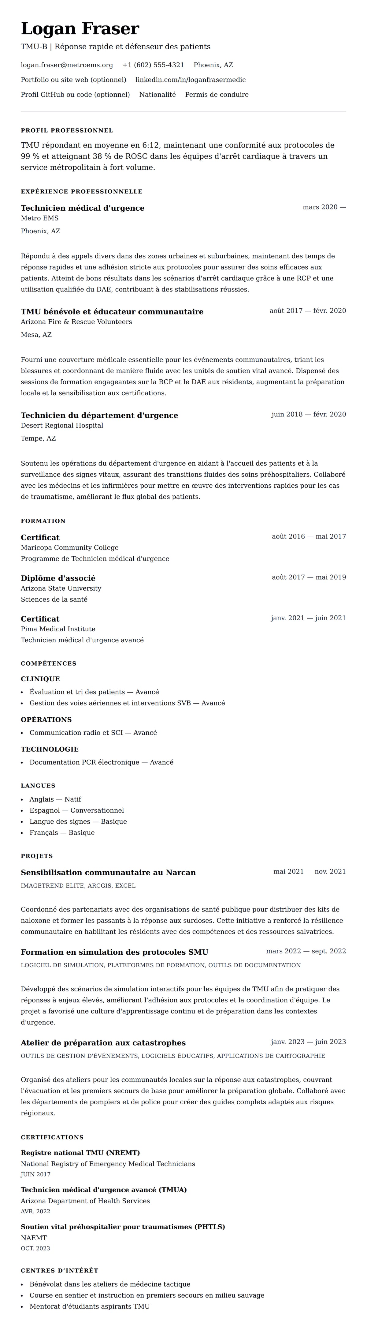 Aperçu du CV Exemple de CV de Technicien médical d'urgence (TMU)