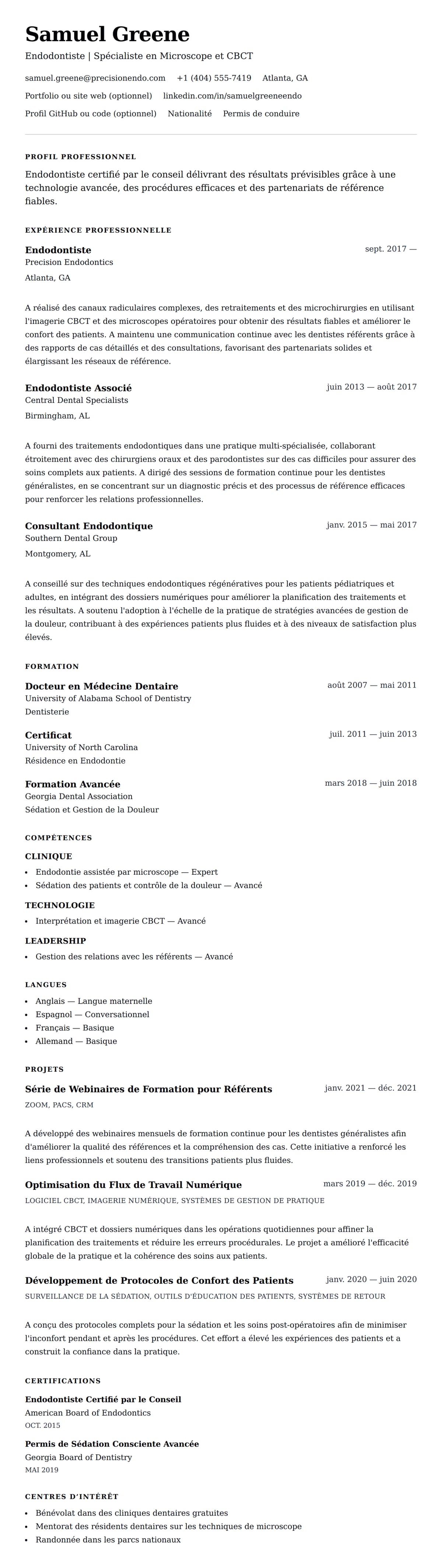 Aperçu du CV Exemple de CV d'Endodontiste