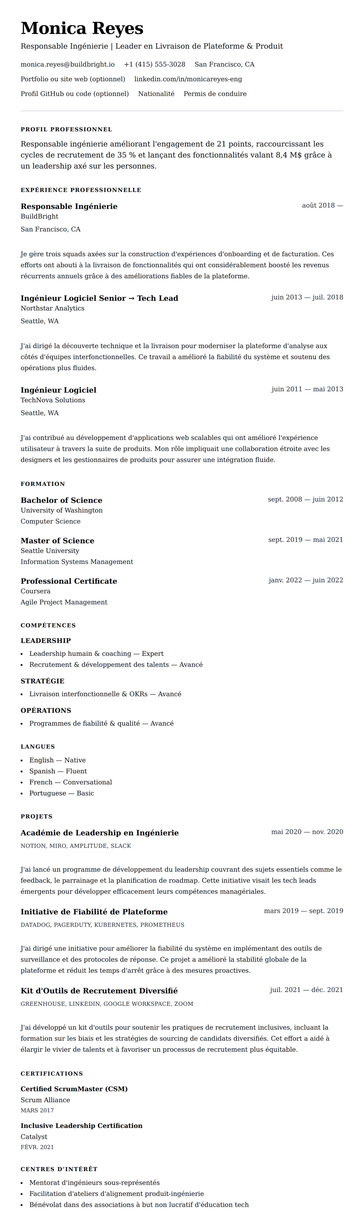 Aperçu du CV Exemple de CV pour Responsable Ingénierie