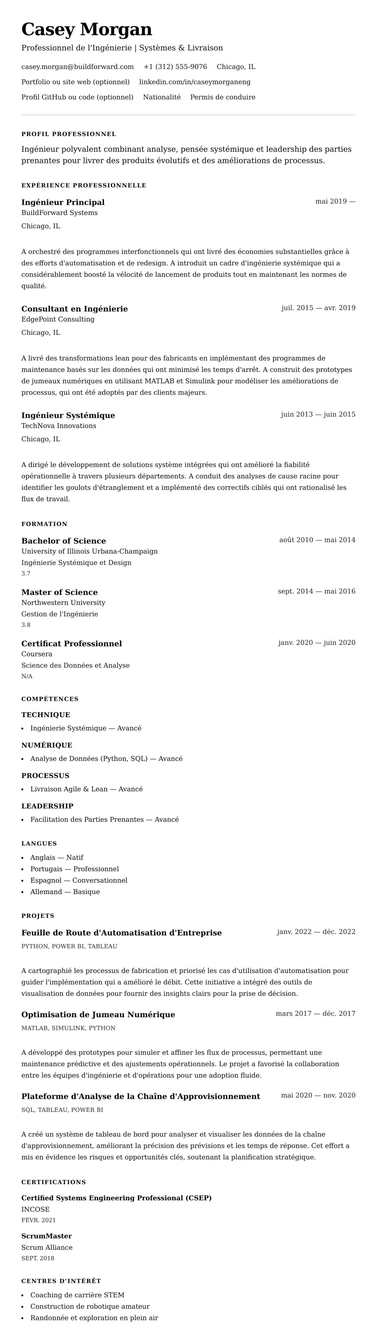 Aperçu du CV Exemple de CV en Ingénierie