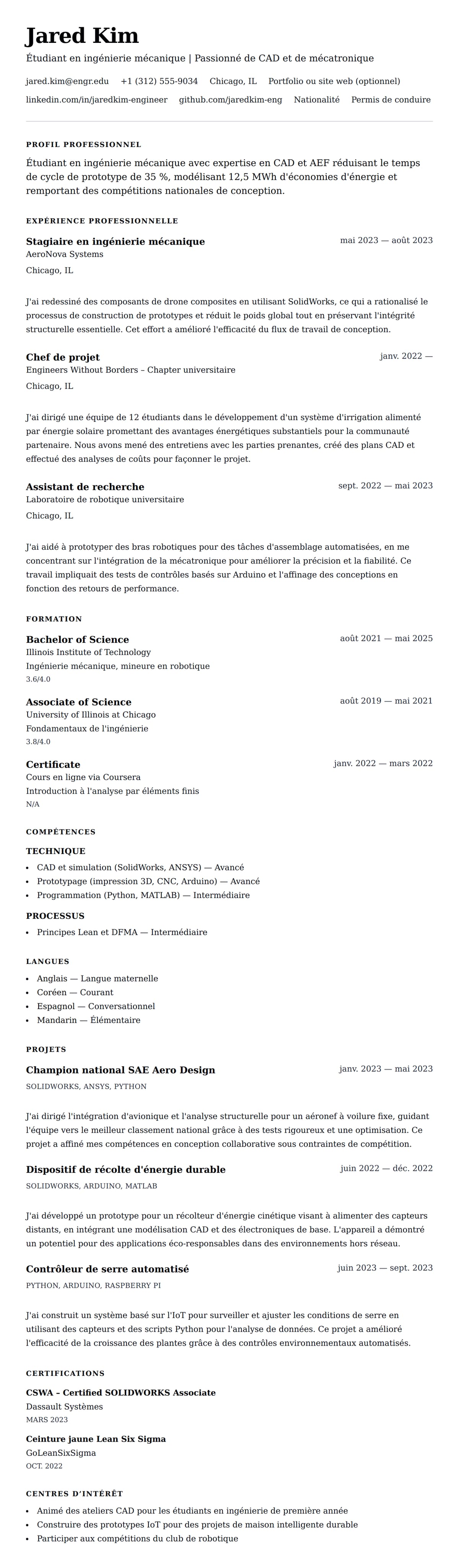 Aperçu du CV Exemple de CV pour étudiant en ingénierie