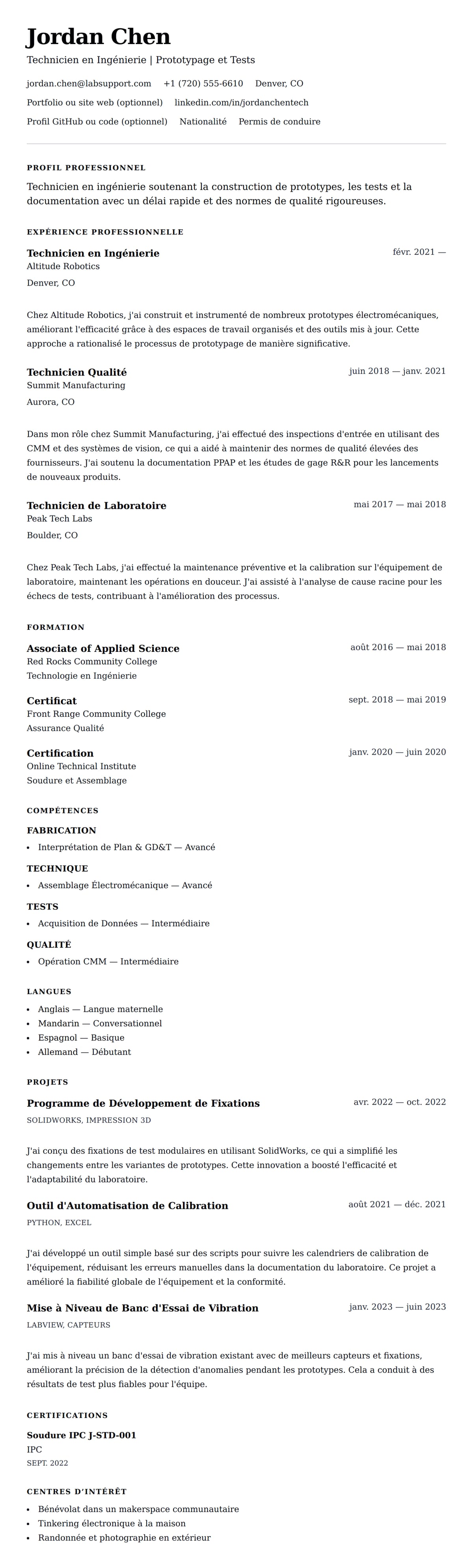 Aperçu du CV Exemple de CV de Technicien