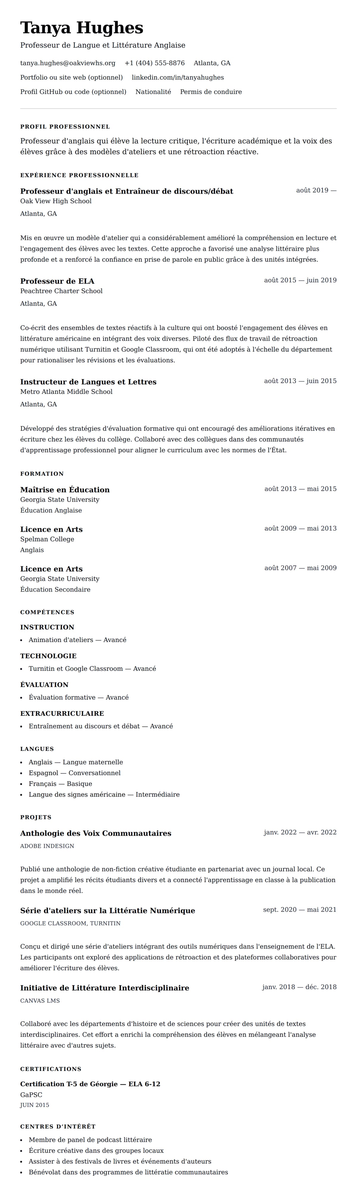 Aperçu du CV Exemple de CV de Professeur d'anglais