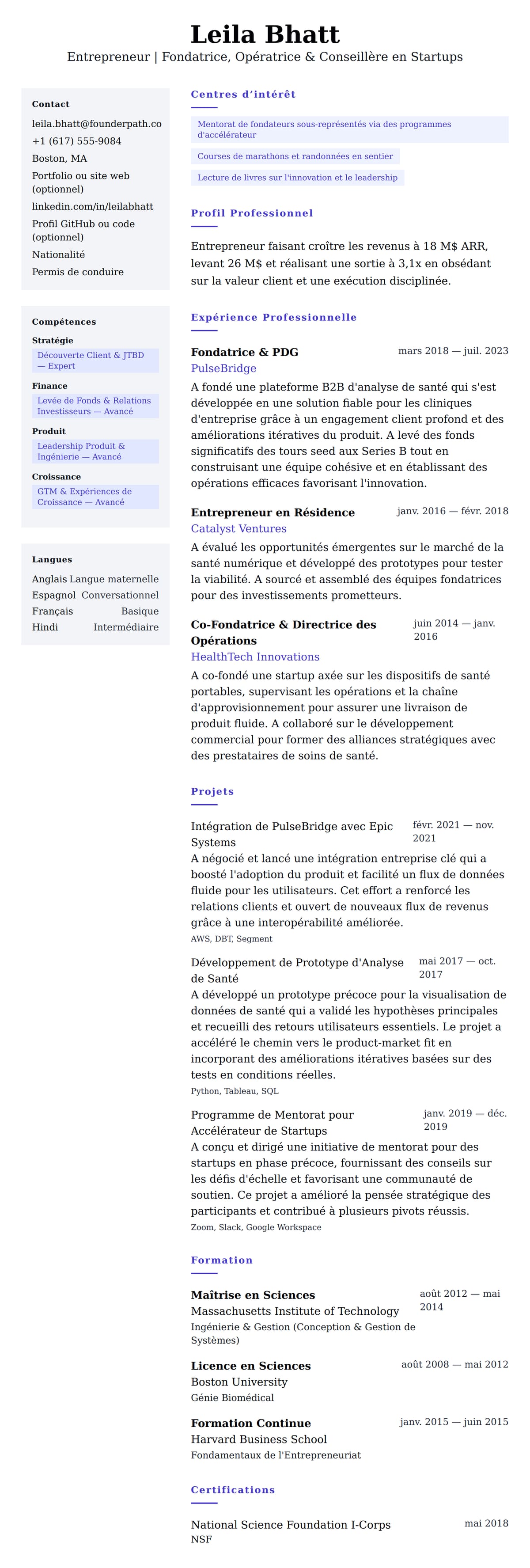 Aperçu du CV Exemple de CV d'Entrepreneur