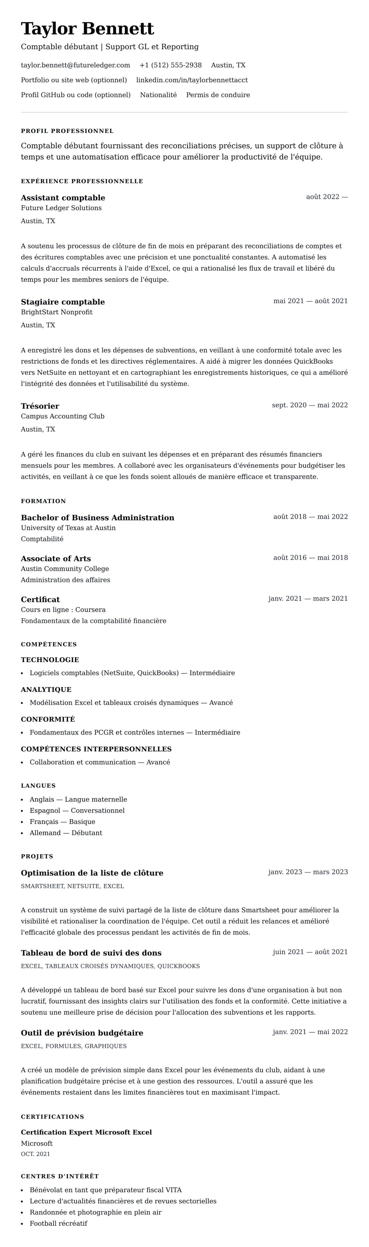 Aperçu du CV Exemple de CV pour comptable débutant