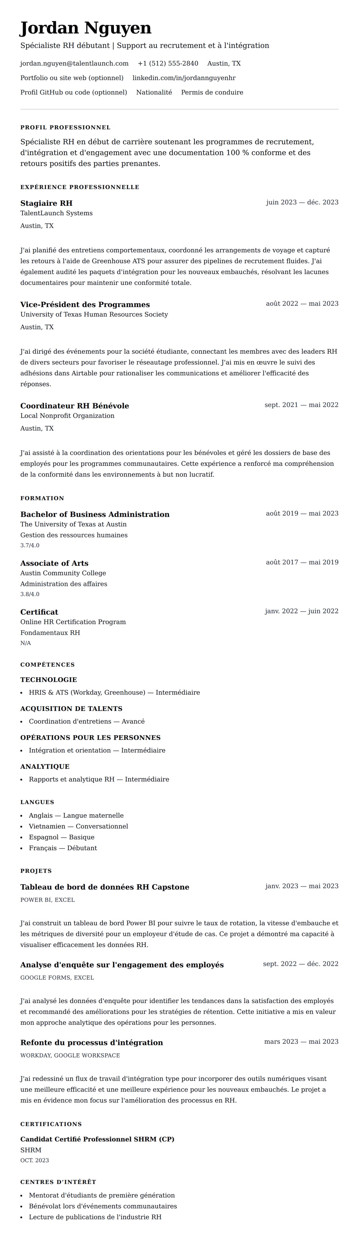 Aperçu du CV Exemple de CV pour Spécialiste RH débutant