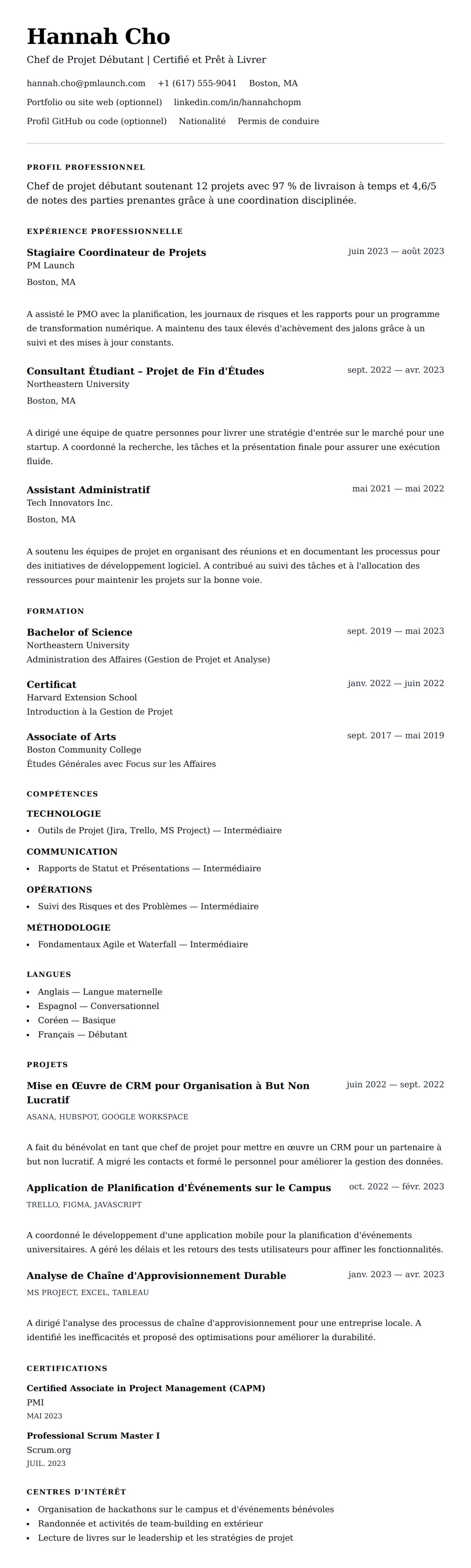 Aperçu du CV Exemple de CV pour Chef de Projet Débutant