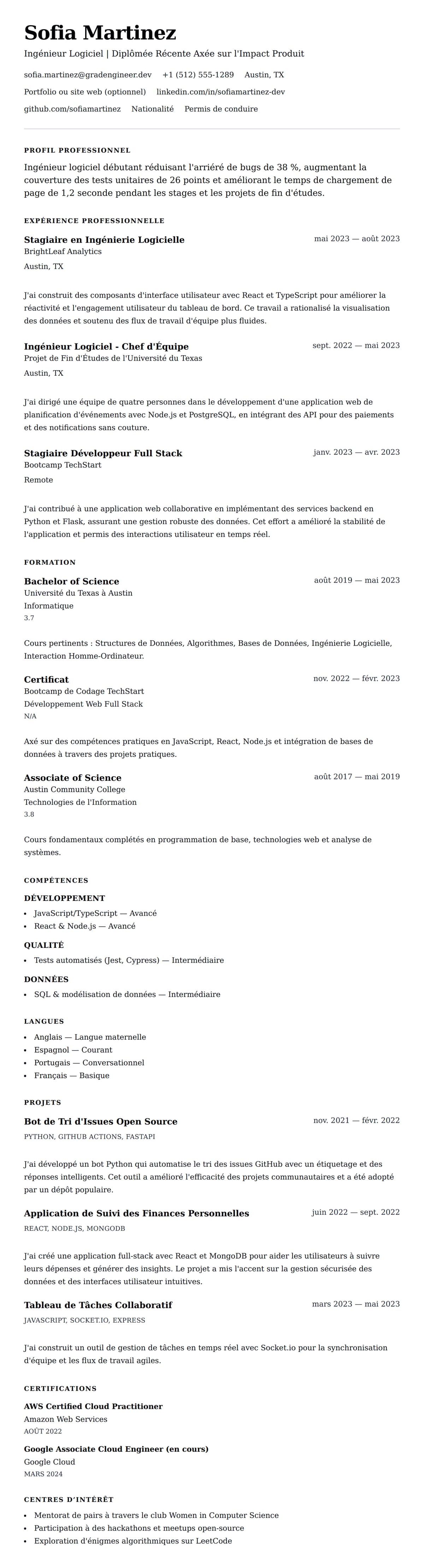 Aperçu du CV Exemple de CV pour Ingénieur Logiciel Débutant