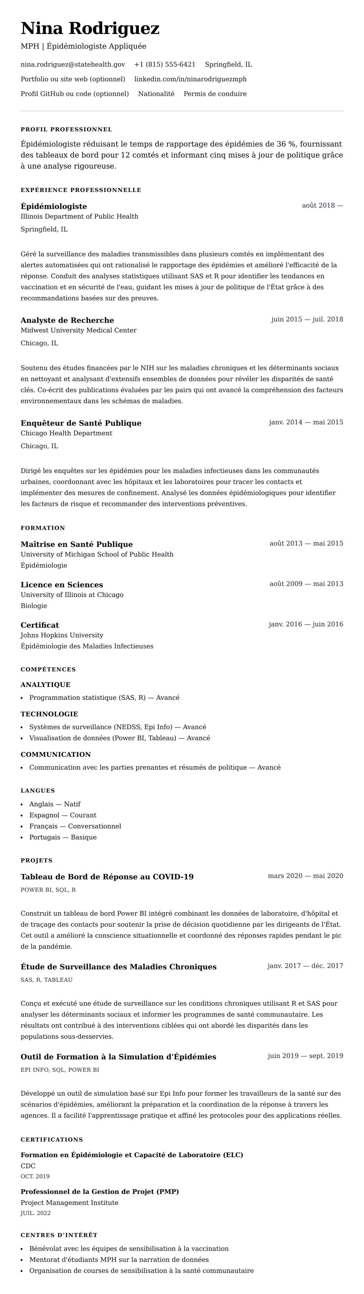 Aperçu du CV Exemple de CV d'Épidémiologiste