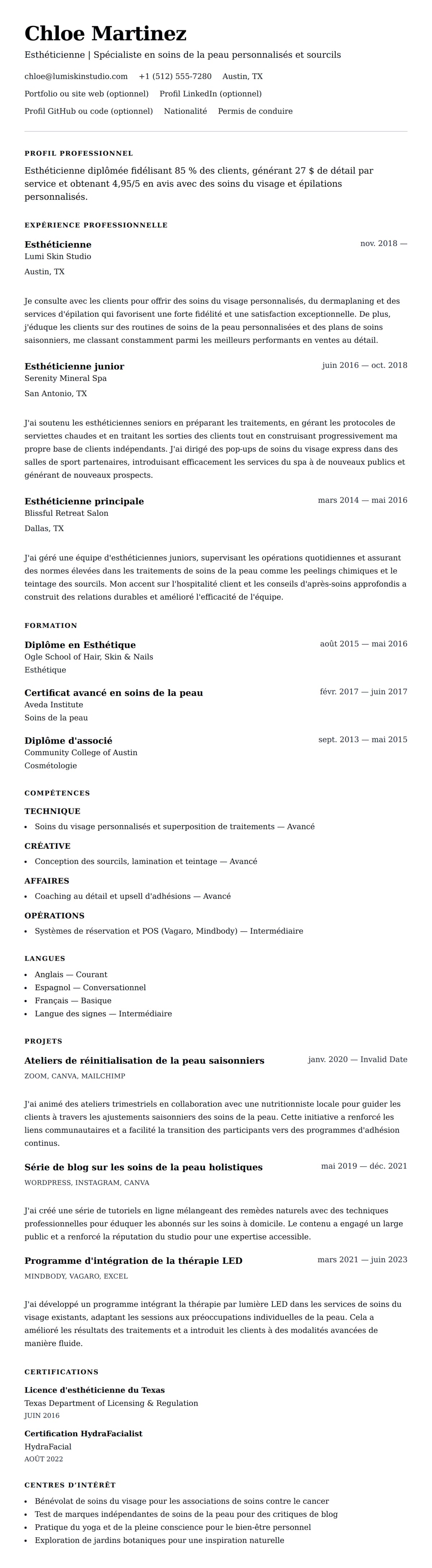 Aperçu du CV Exemple de CV d'Esthéticienne