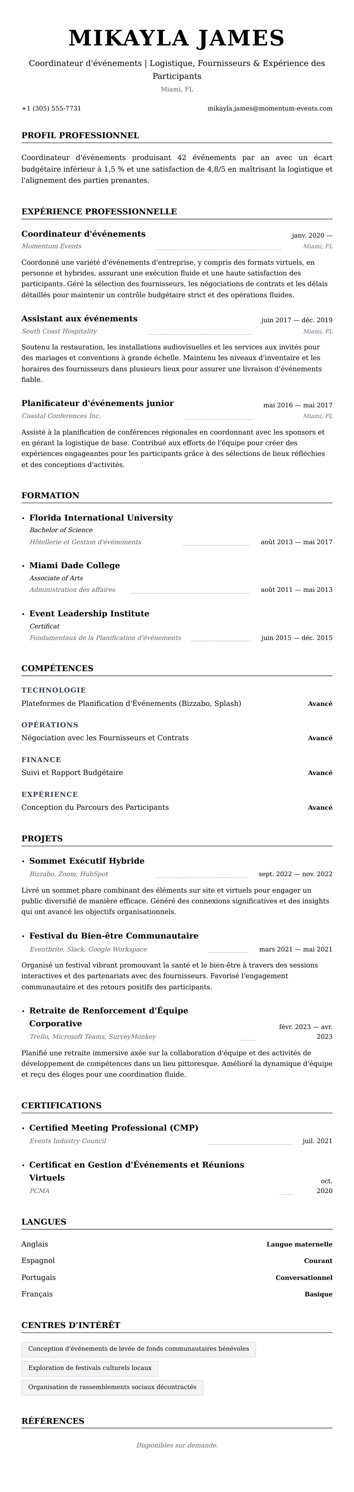 Aperçu du CV Exemple de CV de Coordinateur d'événements