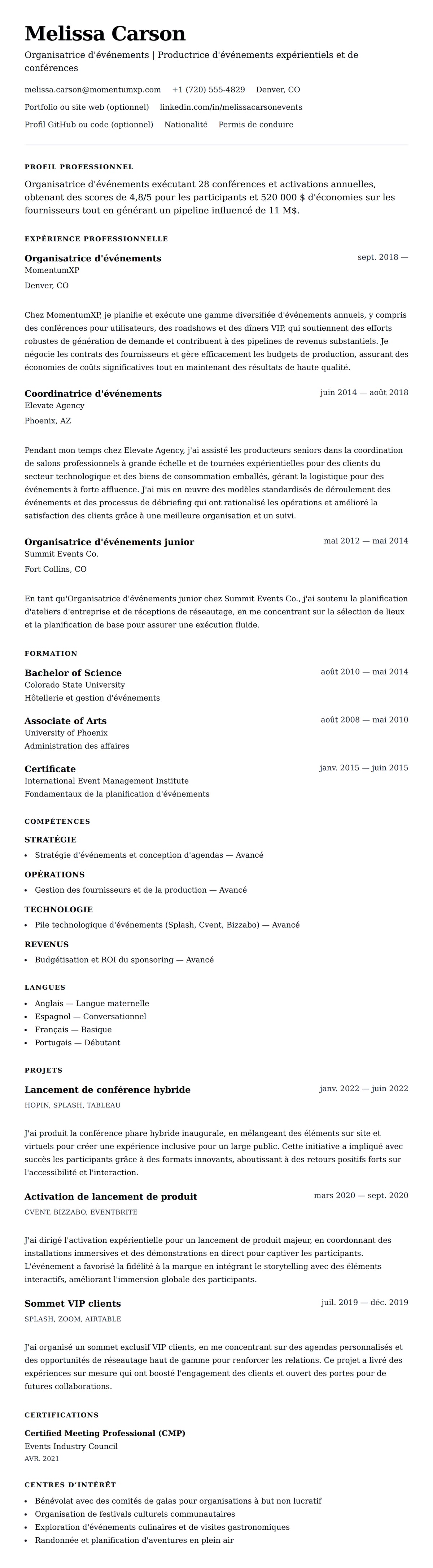 Aperçu du CV Exemple de CV d'Organisateur d'événements