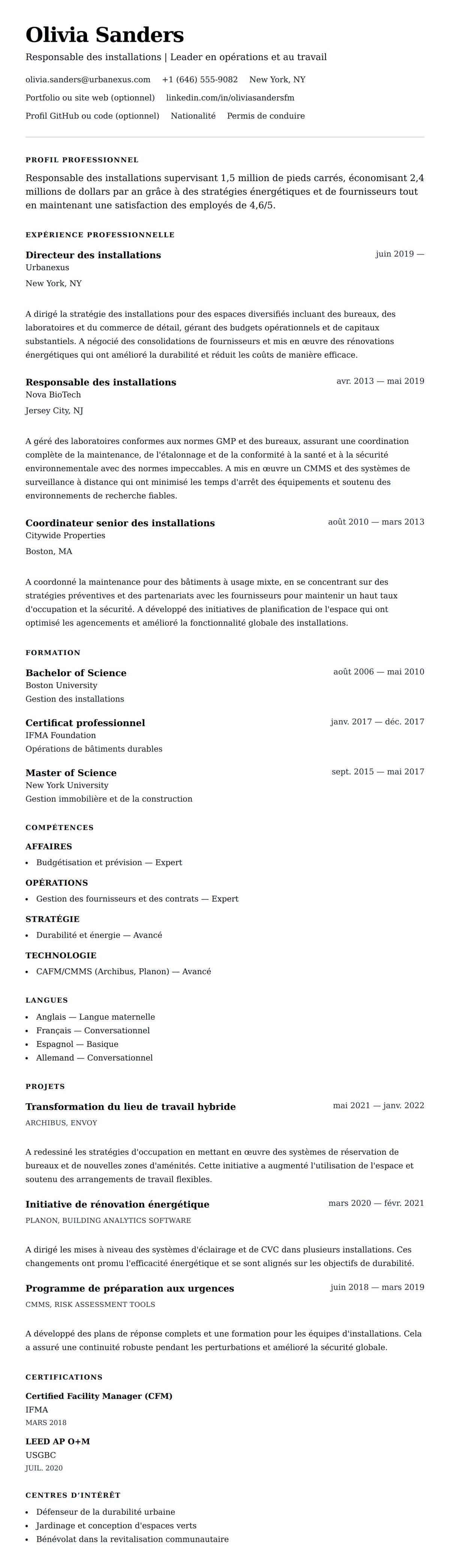 Aperçu du CV Exemple de CV de Responsable des installations