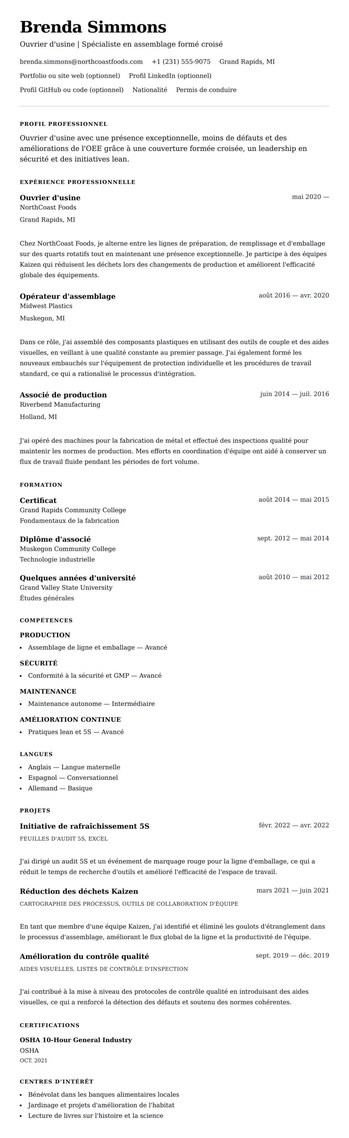 Aperçu du CV Exemple de CV d'ouvrier d'usine