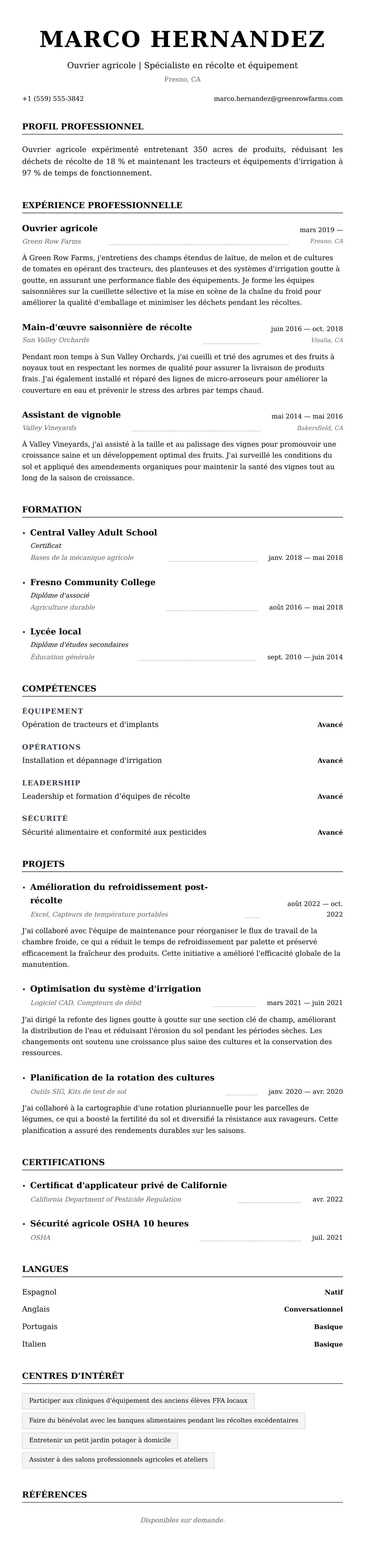 Aperçu du CV Exemple de CV d'ouvrier agricole