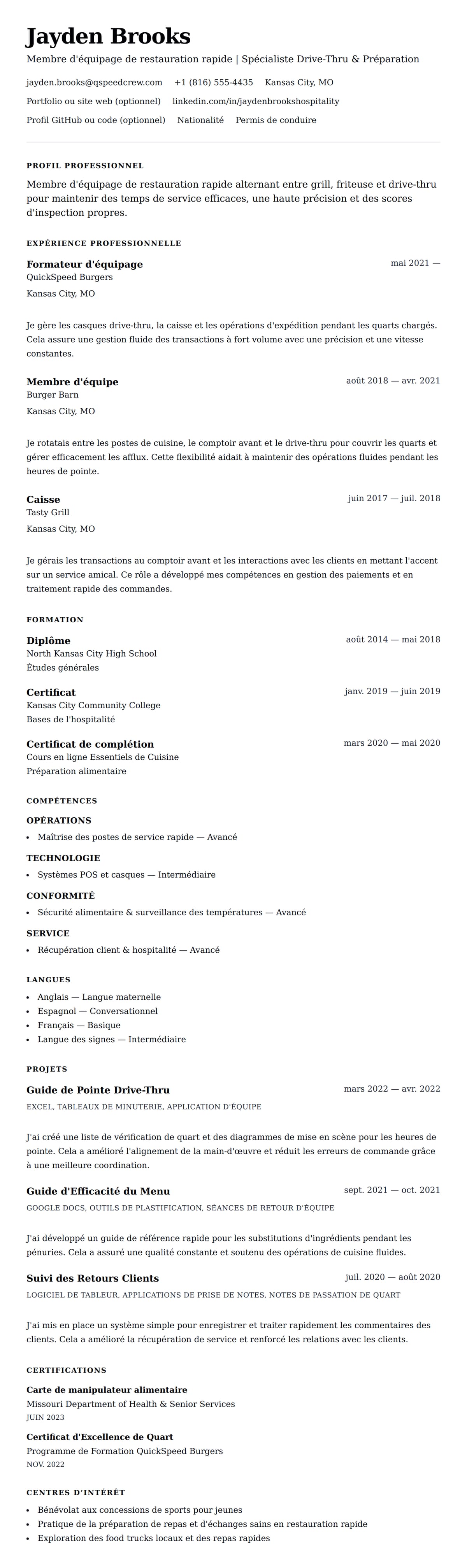 Aperçu du CV Exemple de CV d'Ouvrier de Restauration Rapide