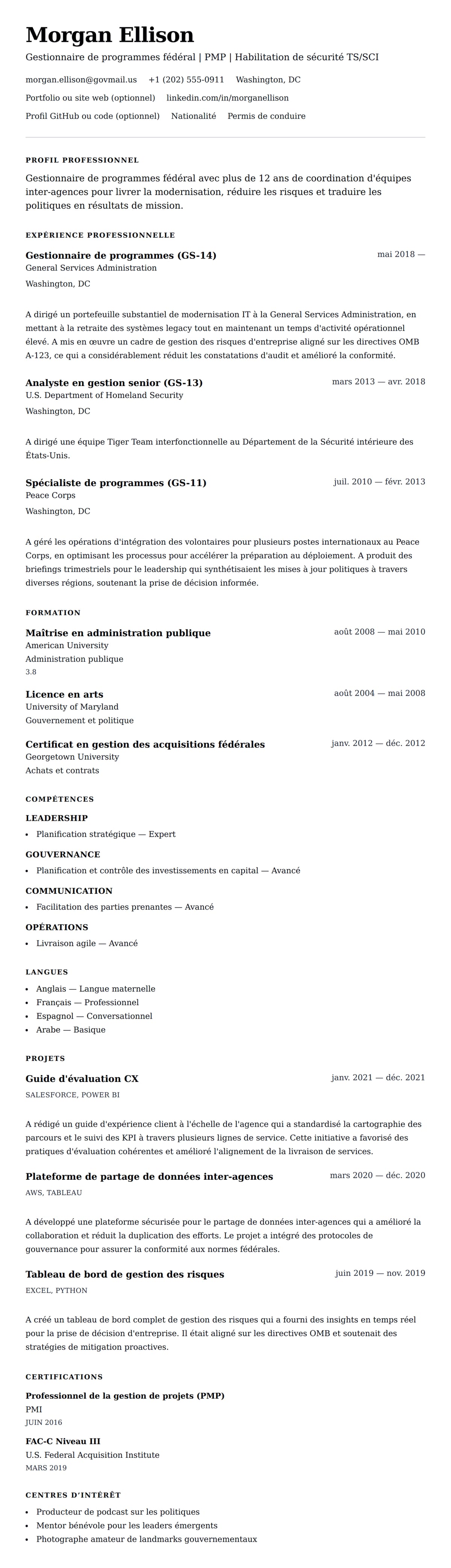 Aperçu du CV Exemple de CV pour employé fédéral