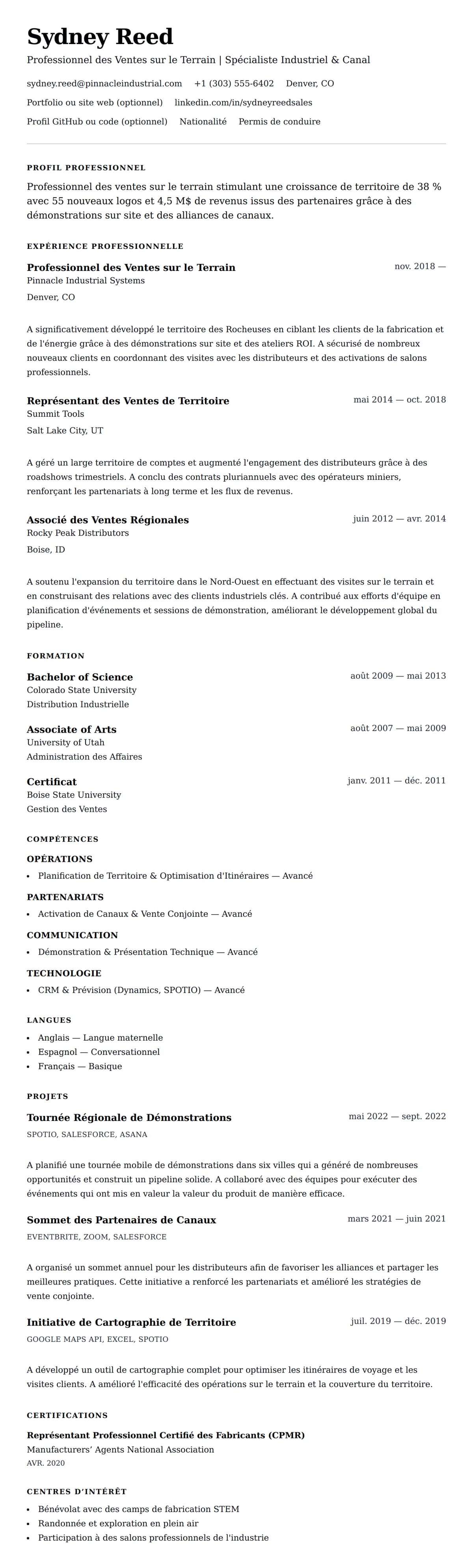 Aperçu du CV Exemple de CV de Professionnel des Ventes sur le Terrain