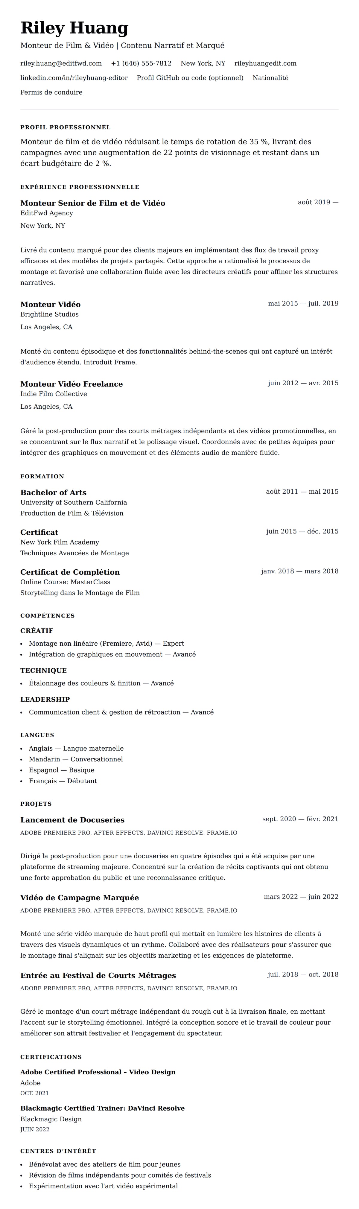 Aperçu du CV Exemple de CV de Monteur de Film et de Vidéo