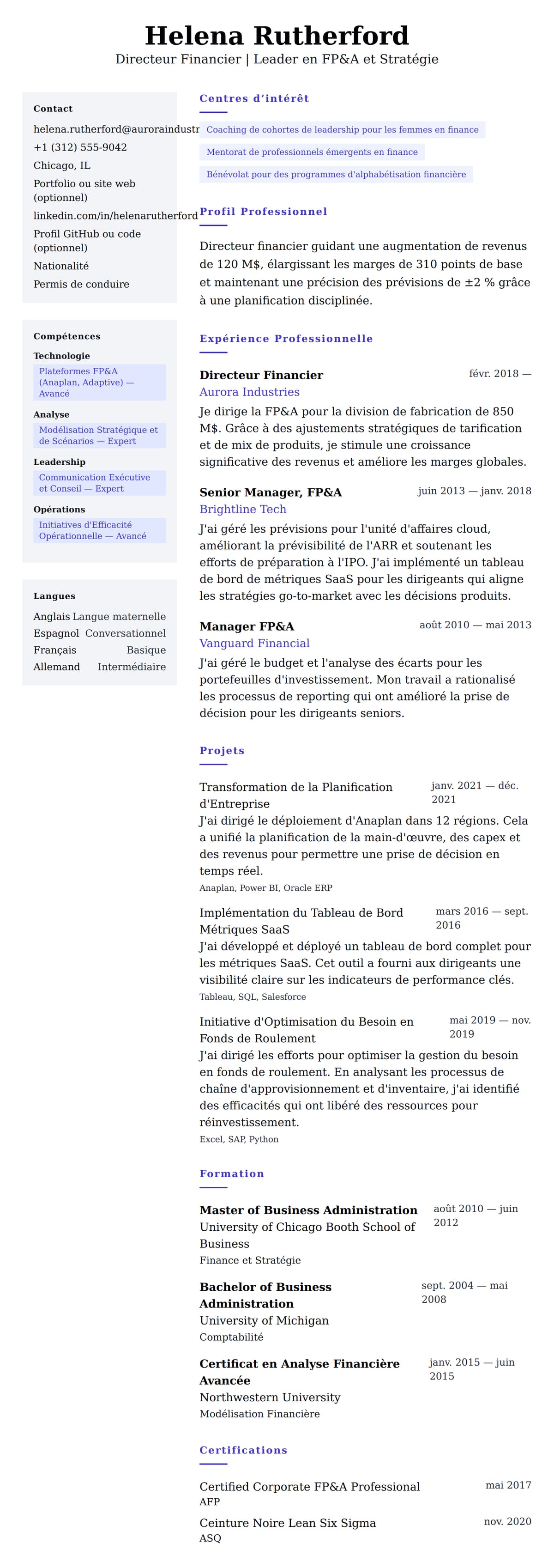 Aperçu du CV Exemple de CV de Directeur Financier